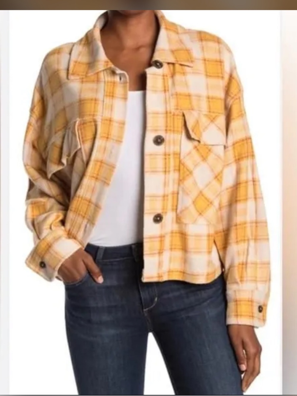 For The Republic Yellow Plaid Button-Front Shacket Size Medium Fall Transition